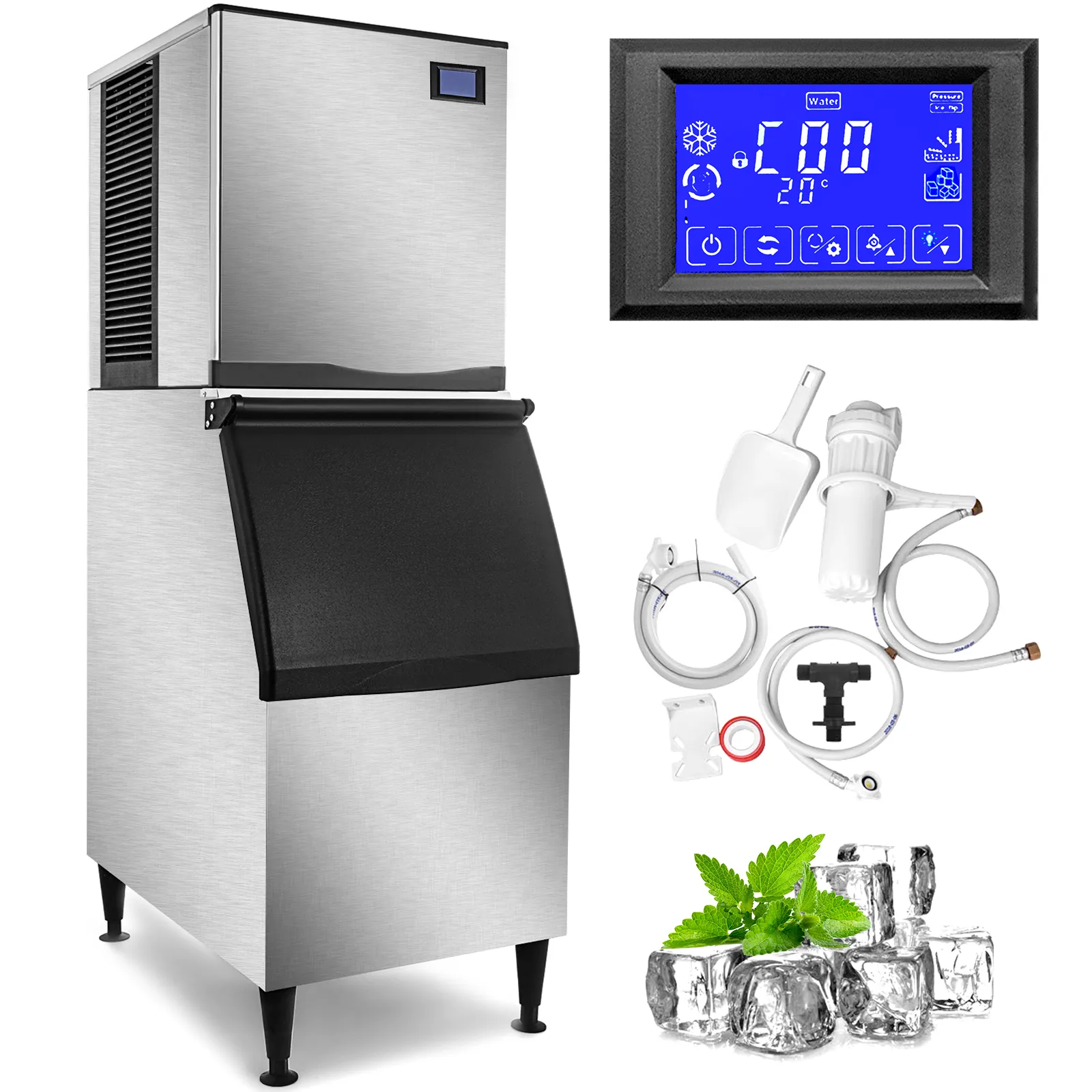 VEVOR commercial ice maker with control panel, accessories, and ice cubes.