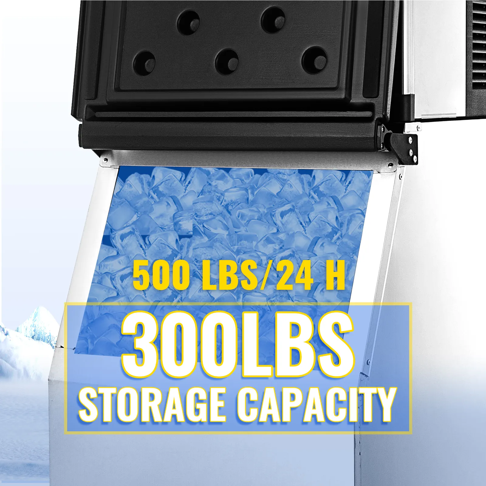 VEVOR commercial ice maker with 500 lbs/day production and 300 lbs storage capacity.