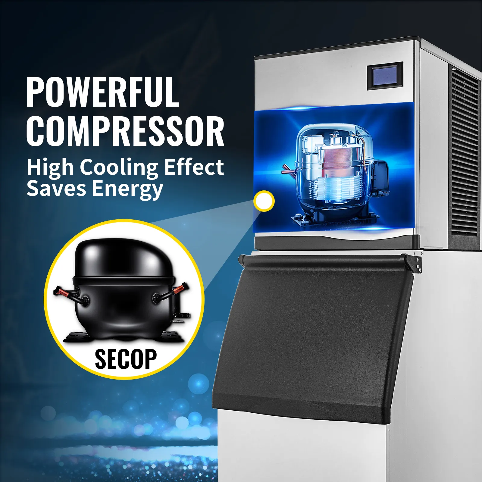 VEVOR commercial ice maker with powerful secope compressor for high cooling and energy savings.