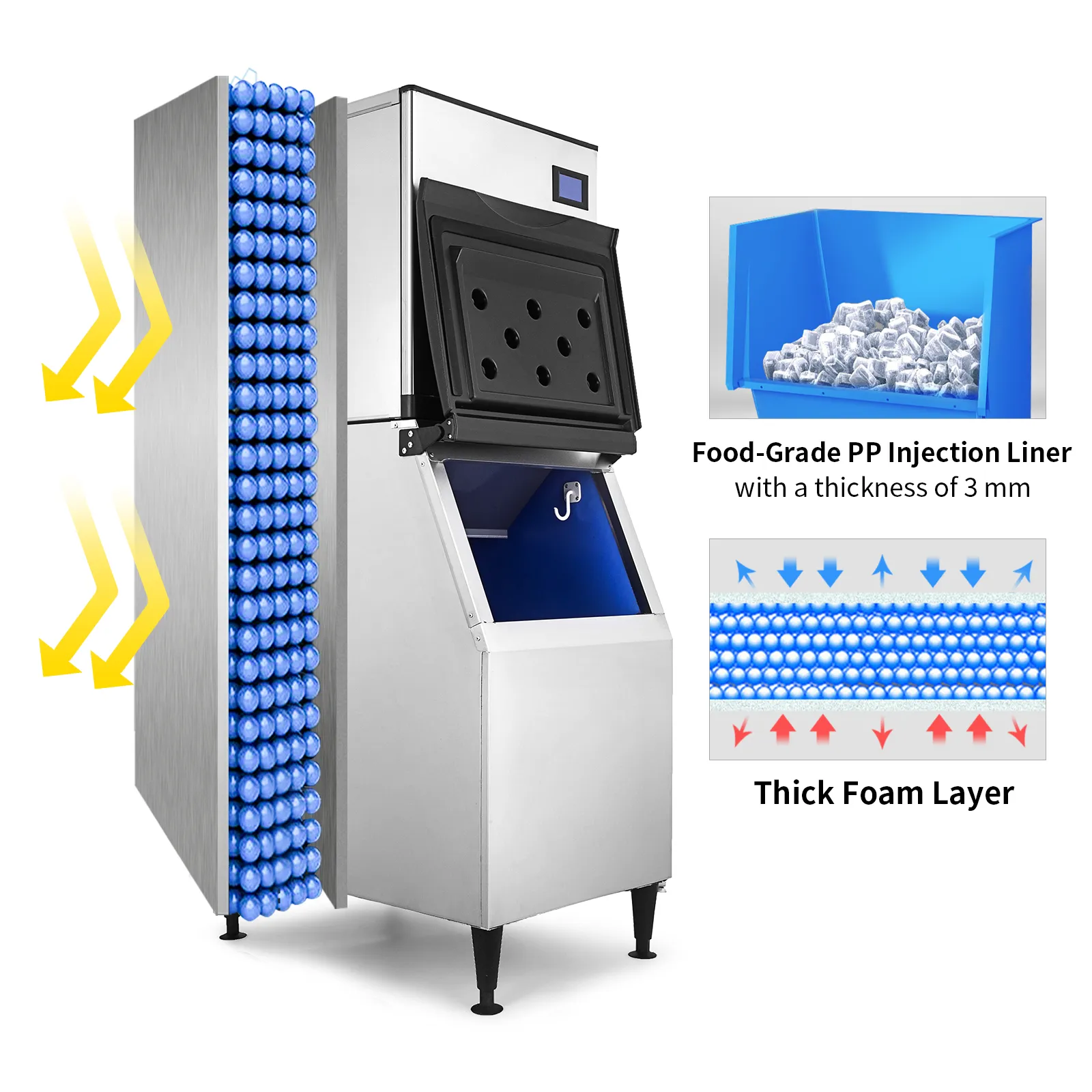 VEVOR commercial ice maker with food-grade pp injection liner and thick foam layer.