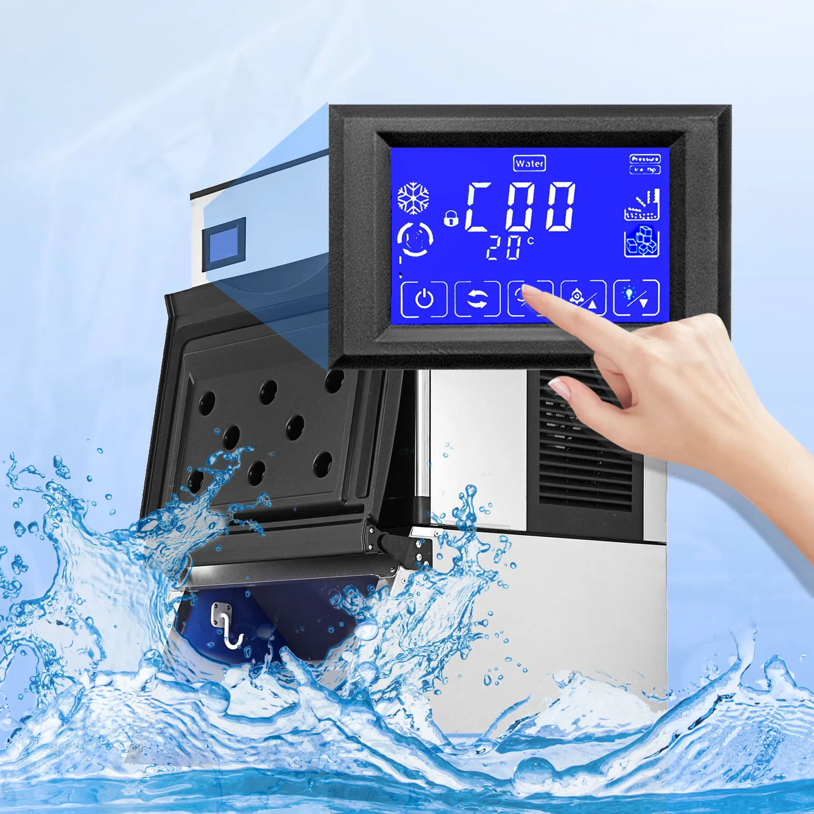VEVOR commercial ice maker with digital display, ice tray, and water splashing.