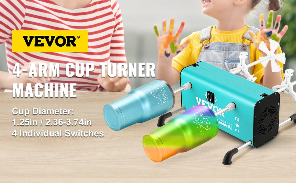 VEVOR 4 cup turner featuring 4 arms, individual switches, and vibrant cups.