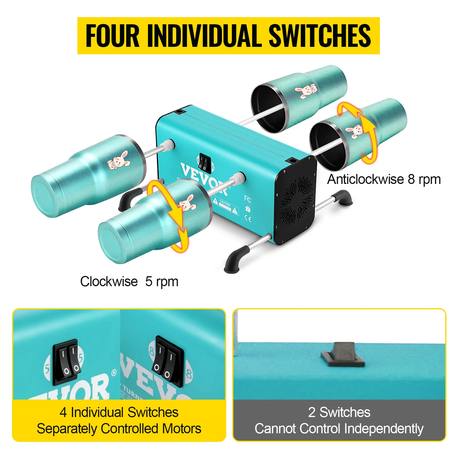 VEVOR 4 cup turner with four individual switches, clockwise and anticlockwise rotation.