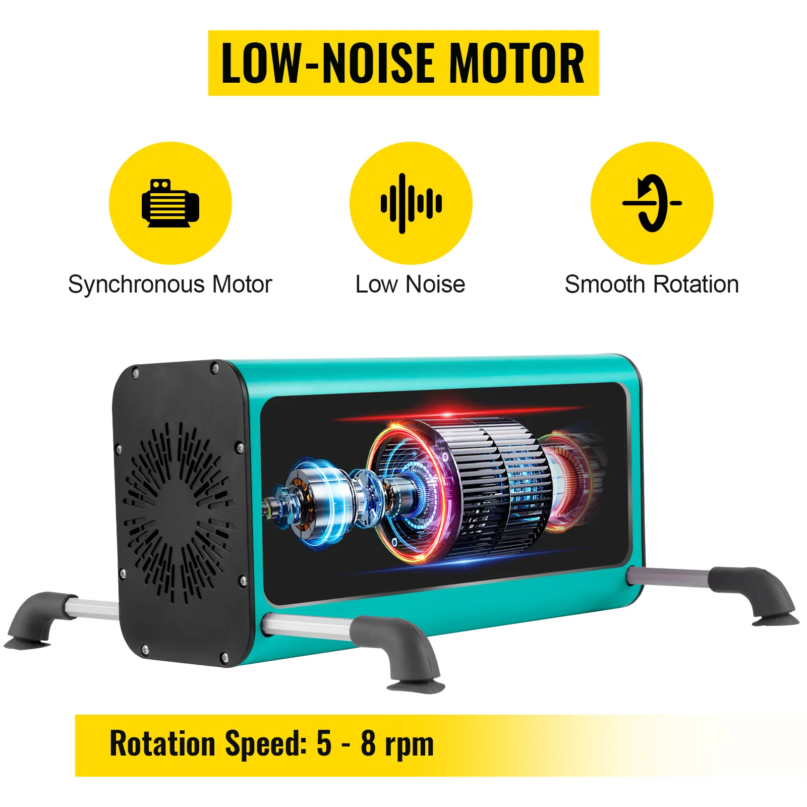 VEVOR 4 cup turner, low noise motor, smooth rotation, 5-8 rpm, synchronous motor.