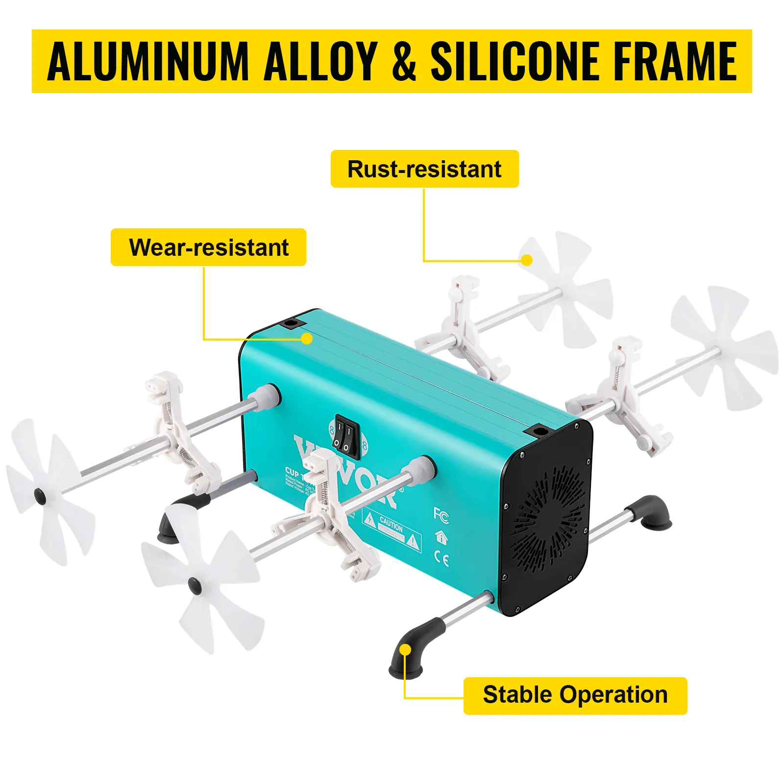 VEVOR 4 cup turner with aluminum alloy and silicone frame, rust-resistant, wear-resistant.