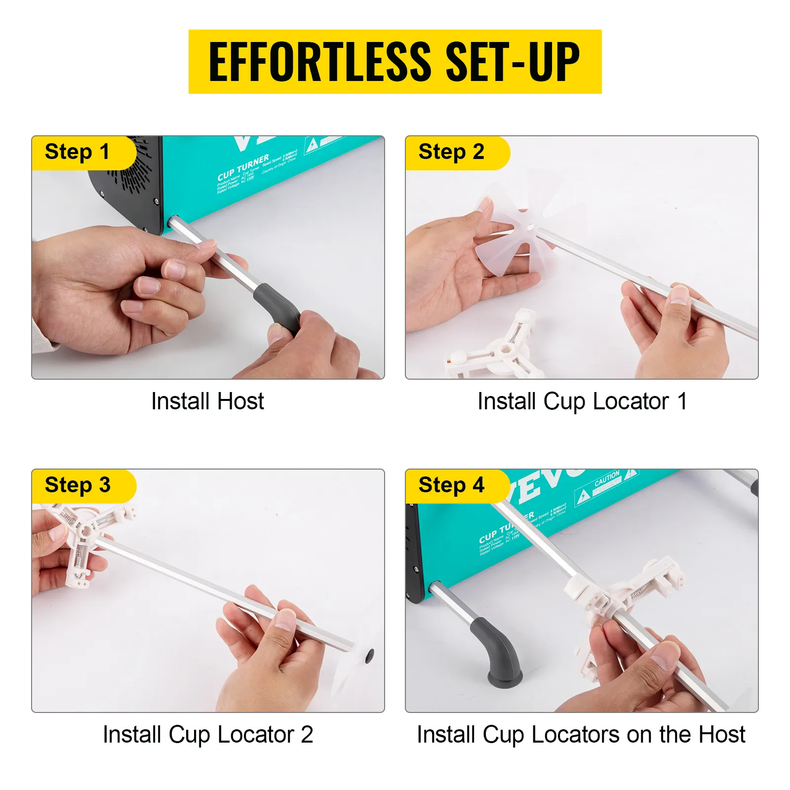 VEVOR 4 cup turner quick assembly guide with step-by-step instructions.