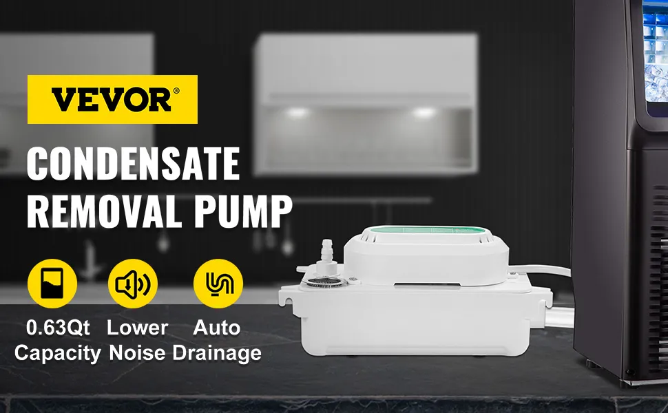 Bomba de condensado VEVOR con capacidad de 0,63 qt, drenaje automático y menor ruido.