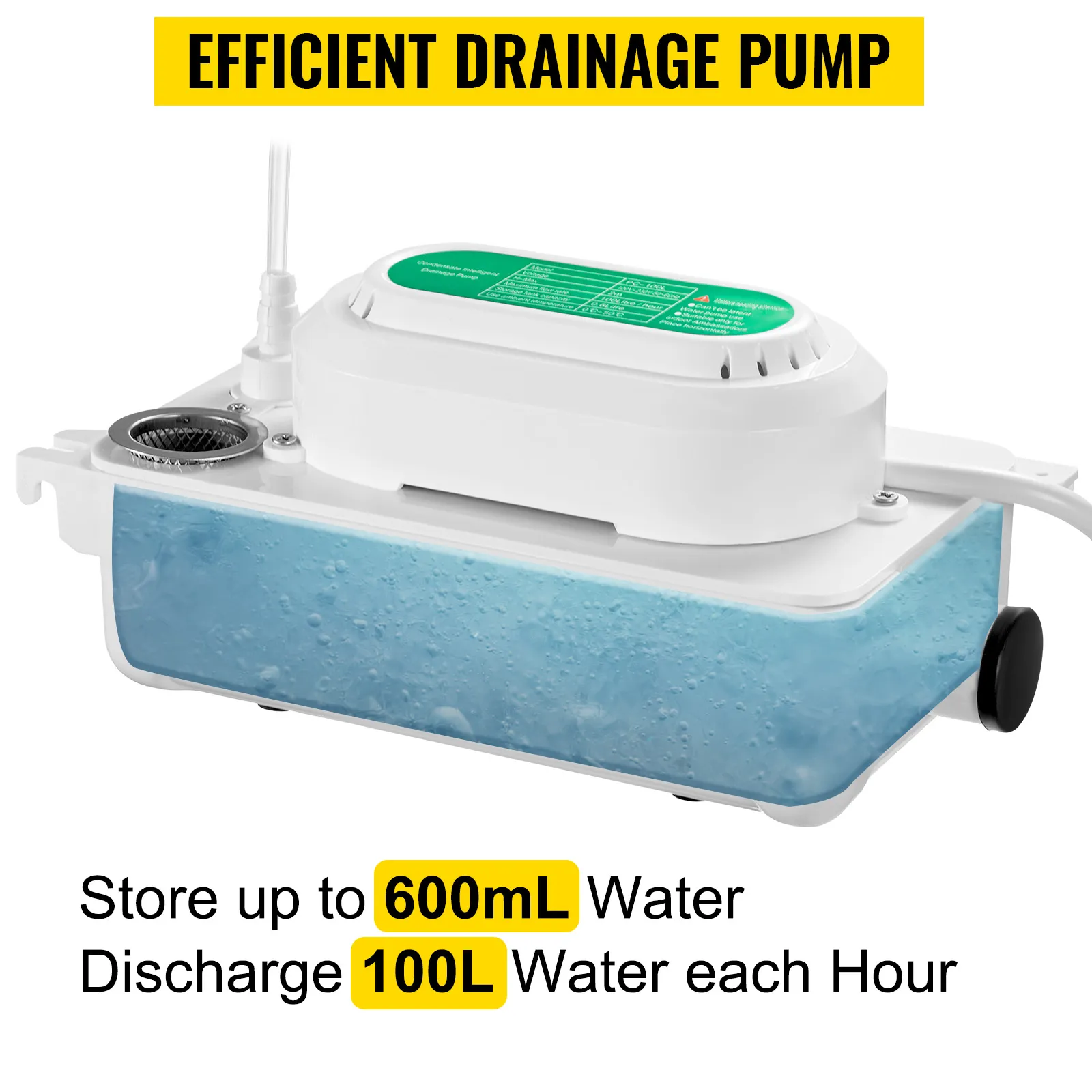 Bomba de condensado VEVOR, almacena 600ml y descarga 100l de agua por hora. Drenaje eficiente.