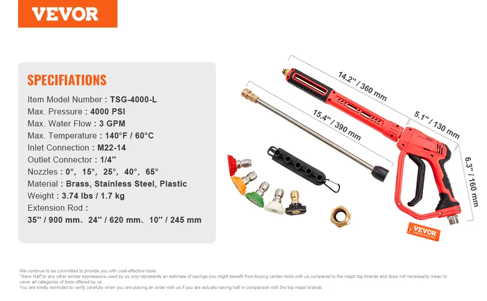 Pistolet do mycia wysokociśnieniowego VEVOR ze specyfikacją i różnymi końcówkami dysz.
