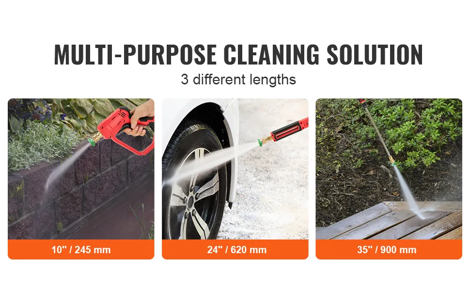 Pistolet do mycia wysokociśnieniowego VEVOR o długościach 10, 24 i 35 cali do wszechstronnych zadań czyszczących.