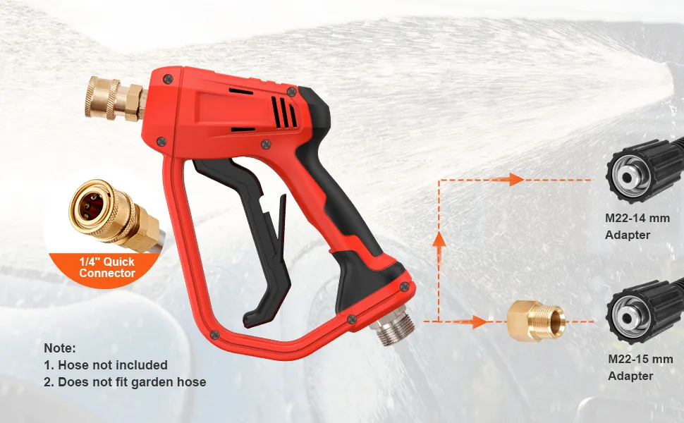 Pistolet myjki wysokociśnieniowej VEVOR ze szybkozłączem, adapterami i dyszą natryskową.