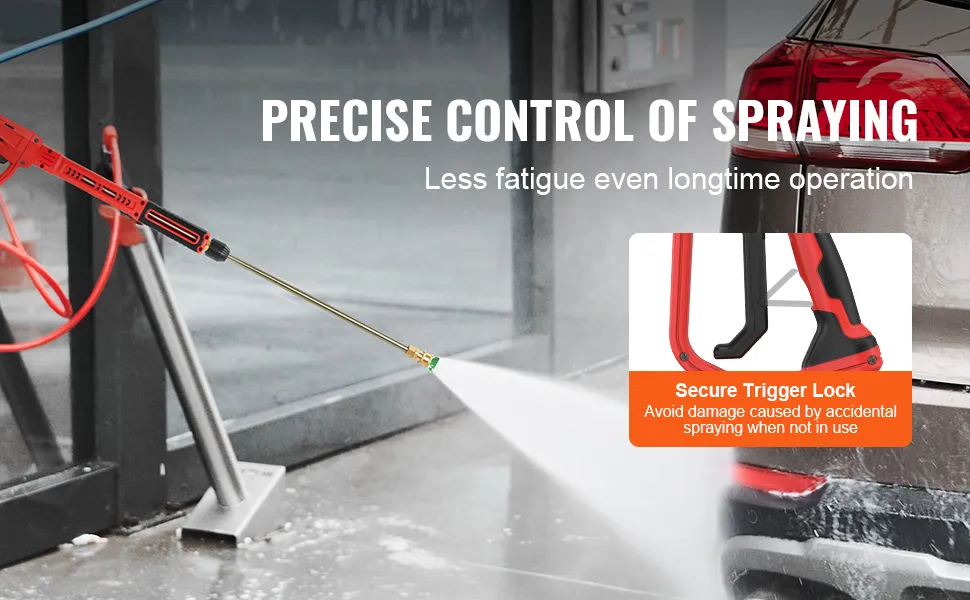 Pistolet myjki wysokociśnieniowej VEVOR z bezpieczną blokadą spustu zapewnia precyzyjną kontrolę i mniejsze zmęczenie.