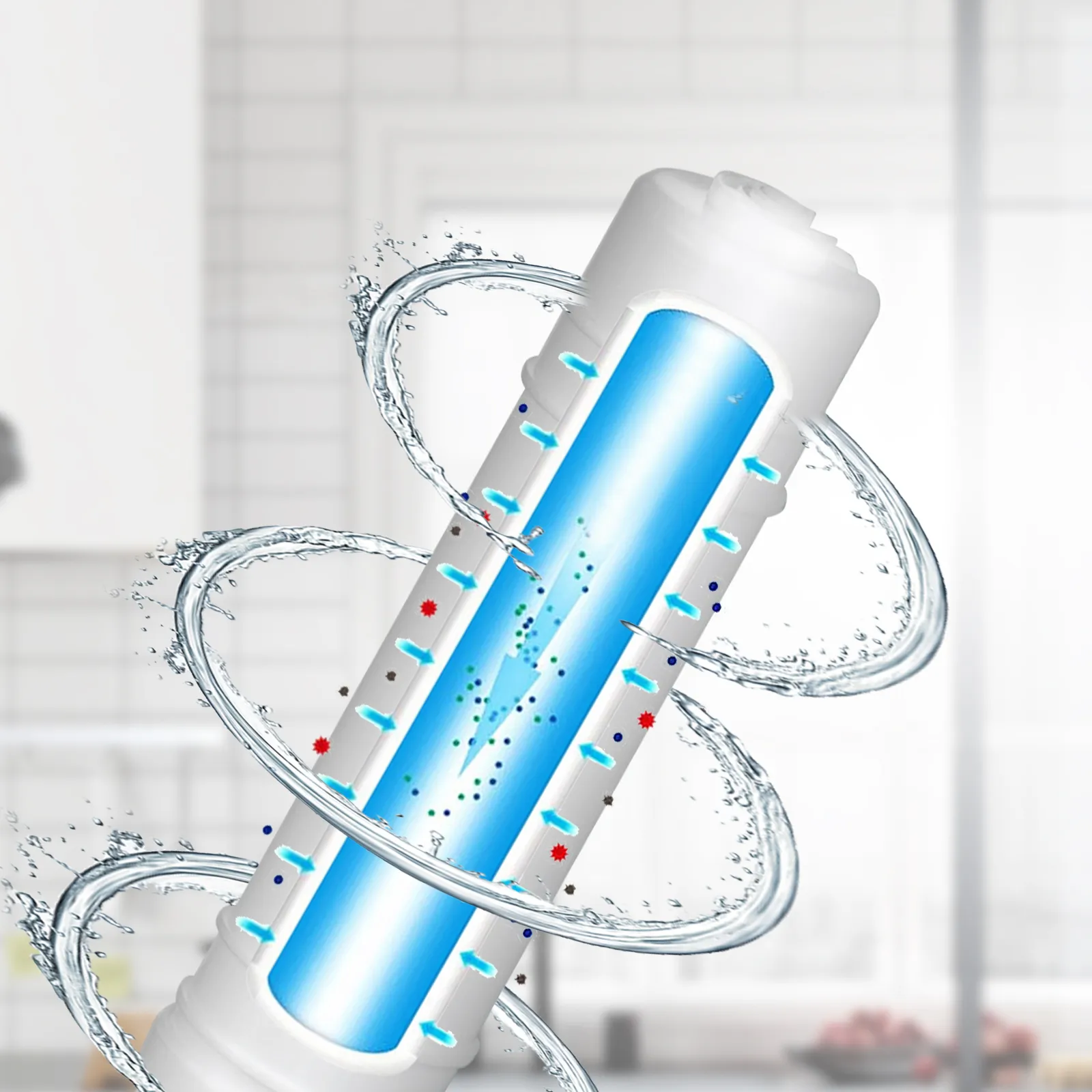 Filtro de agua con flujo de partículas en un entorno de cocina, mejorando la máquina para fabricar hielo VEVOR.