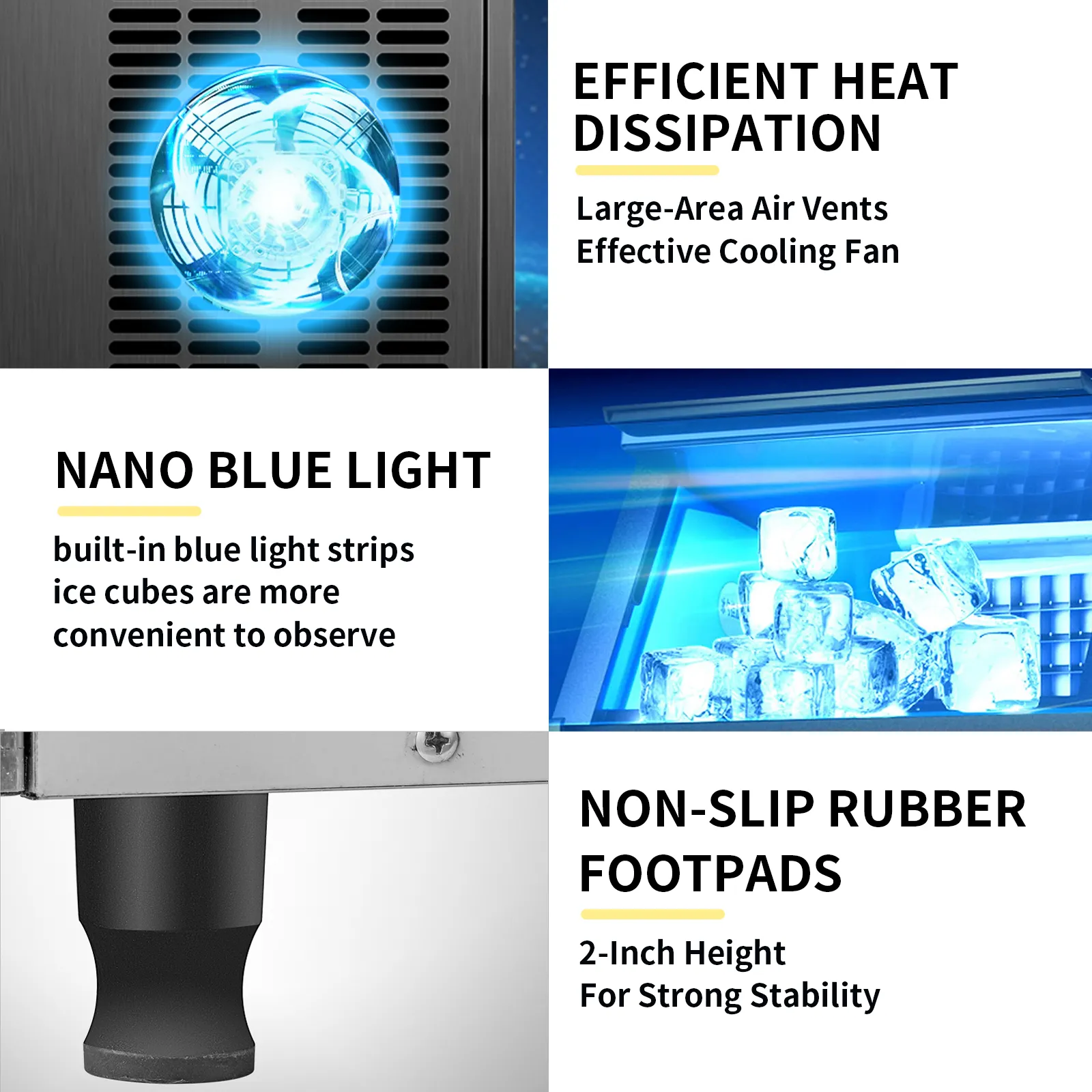 Máquina para fabricar hielo VEVOR con ventilador de enfriamiento, luz azul y almohadillas de goma antideslizantes.