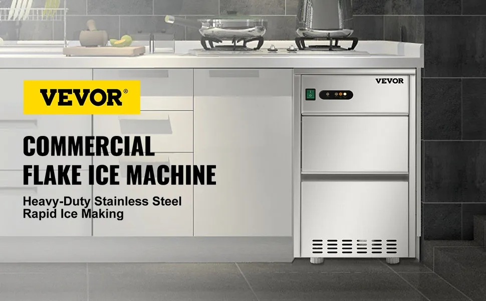 Máquina para fabricar hielo en forma de copo de nieve comercial VEVOR en una configuración de cocina moderna, diseño de acero inoxidable.