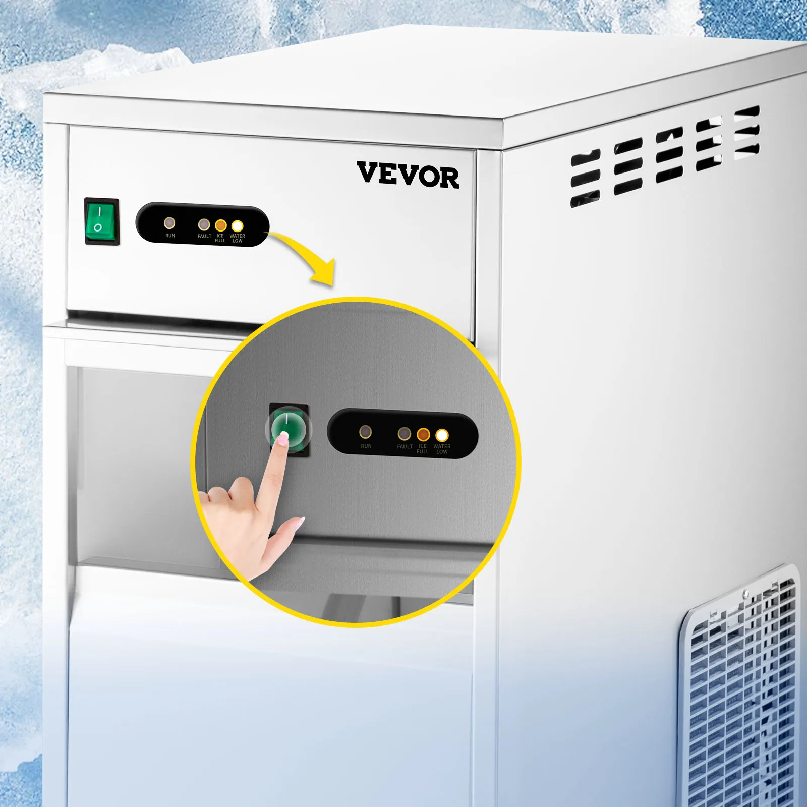 Máquina para fabricar hielo en forma de copo de nieve comercial VEVOR con panel de control y botón de encendido en primer plano.