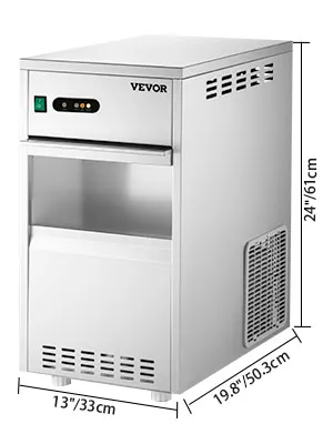 Máquina para fabricar hielo en forma de copo de nieve VEVOR, color plateado, dimensiones etiquetadas: 24" x 19,8" x 13".