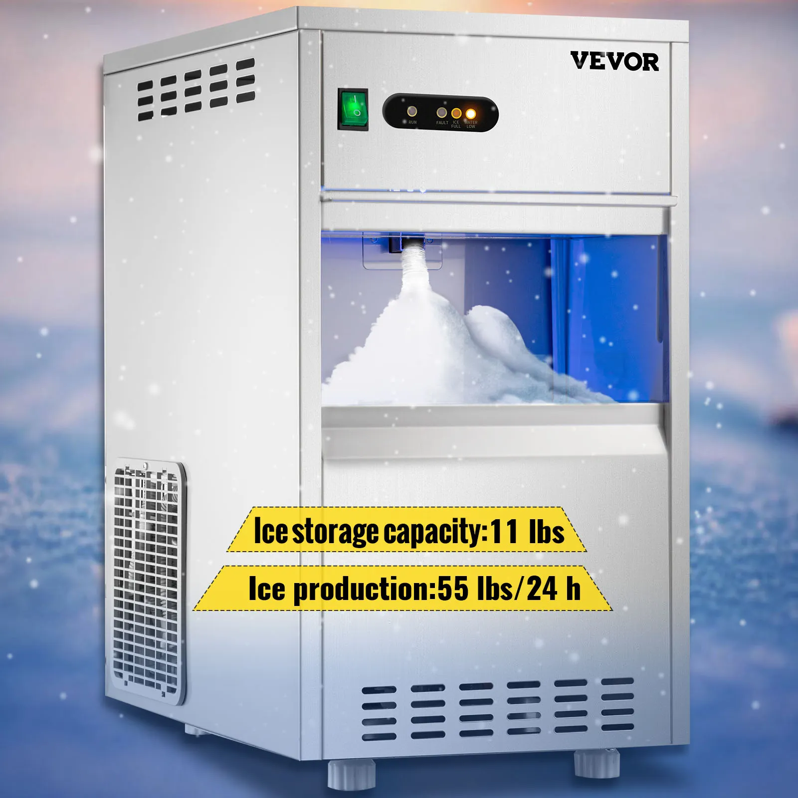 Máquina para fabricar hielo en forma de copo de nieve VEVOR con capacidad de almacenamiento de 11 libras y producción diaria de 55 libras.
