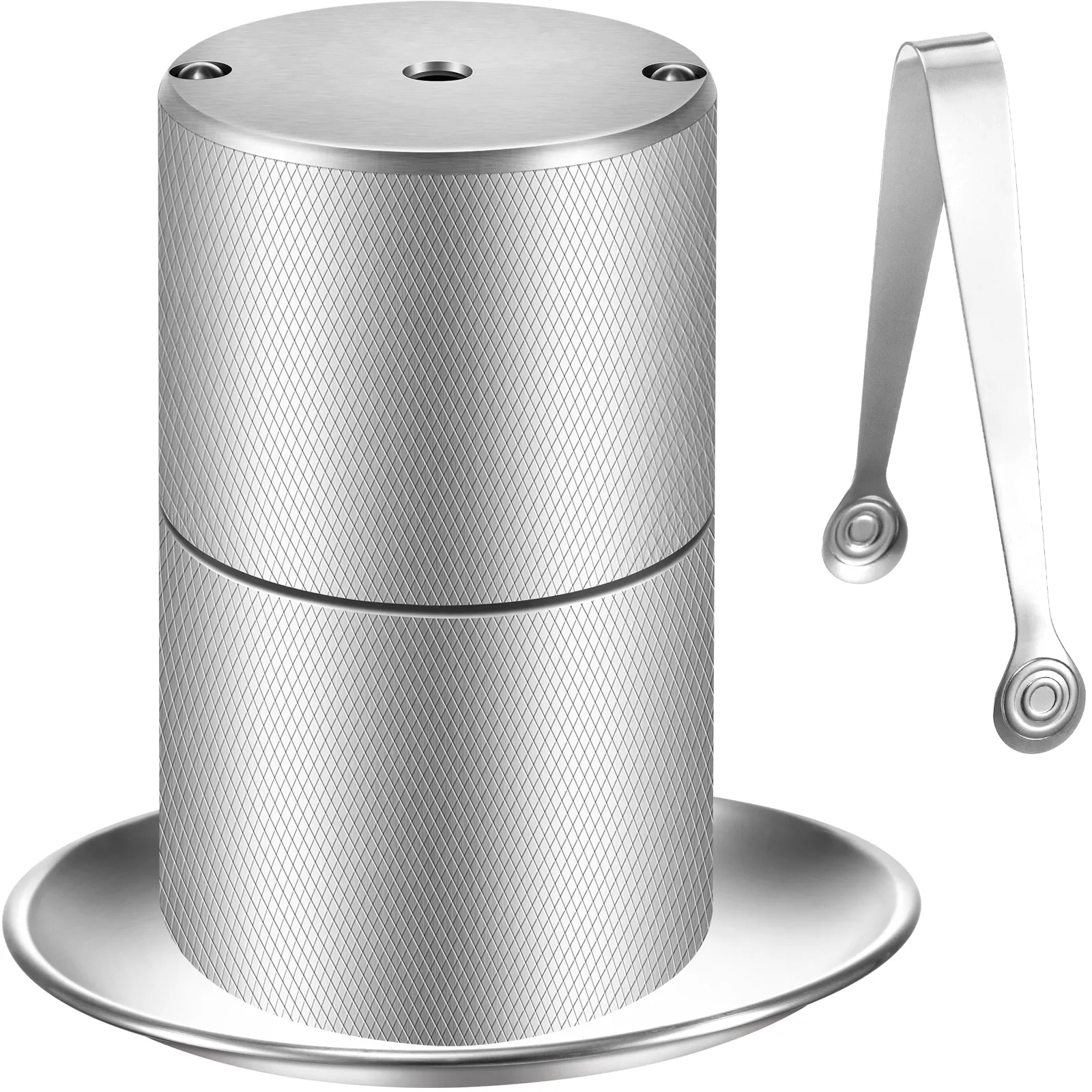 stainless steel VEVOR ice ball press with textured pattern and tongs on a smooth base.