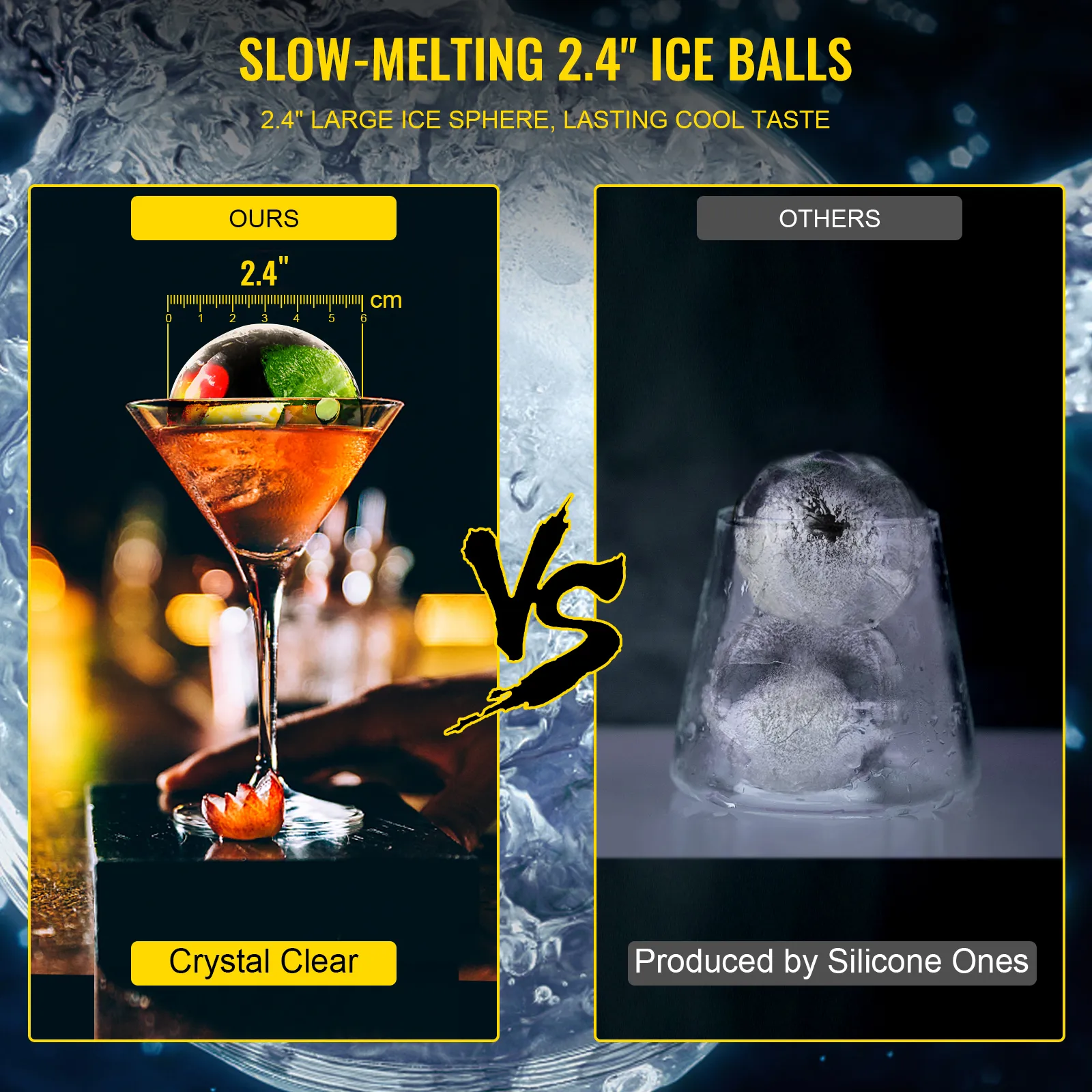 crystal clear ice sphere in cocktail vs cloudy silicone ice balls; VEVOR ice ball press.