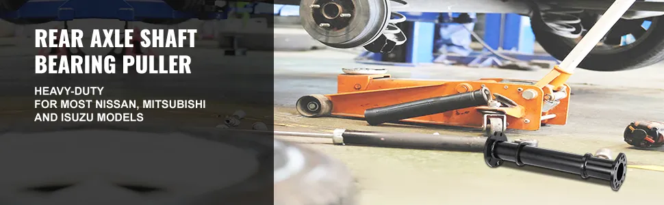 Extractor de cojinetes del eje trasero VEVOR con gato de piso naranja debajo del vehículo.