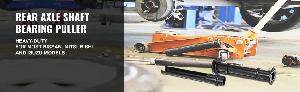 VEVOR toyota rear axle bearing puller shown with tools and a car jack.