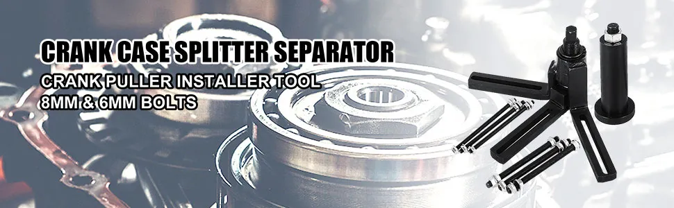 VEVOR crank case splitter tool set with 8mm and 6mm bolts on an engine background
