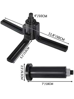 VEVOR crank case splitter with dimensions labeled: 4"/10cm, 11.8"/30cm, 5.1"/13cm, 2.5"/6.5cm, 7"/18cm.