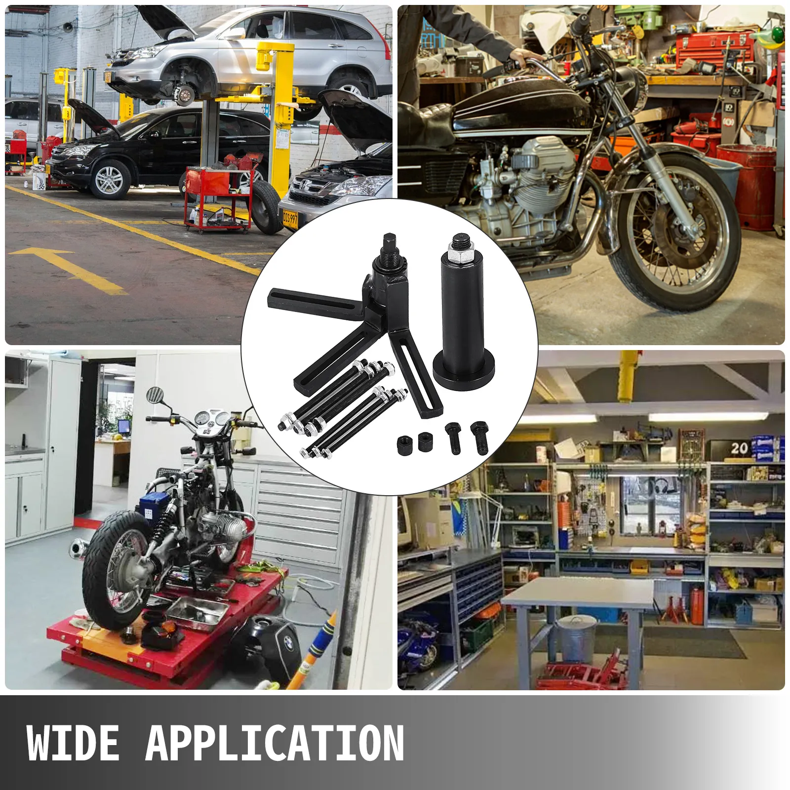 VEVOR crank case splitter in auto repair, motorcycle workshop, and garage settings.