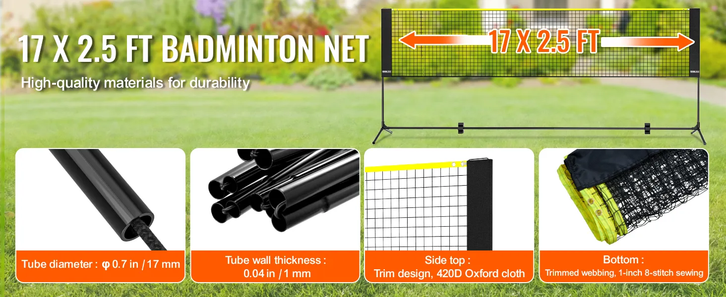 VEVOR badminton net, 17 x 2.5 ft, durable materials, 17 mm tube diameter, 420d oxford cloth.