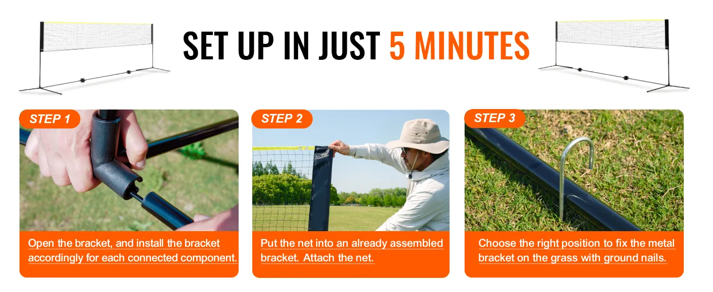 VEVOR badminton net setup in 3 steps: assemble bracket, attach net, fix with ground nails in 5 minutes.