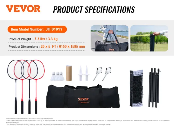 VEVOR badminton net set includes 4 rackets, net, poles, shuttlecocks, stakes, and a carrying bag.