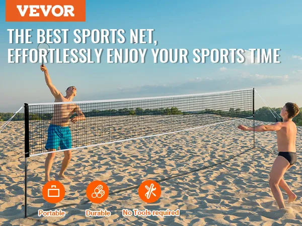 kids playing on a beach with the VEVOR badminton net set. showing portability, durability, and ease of use.
