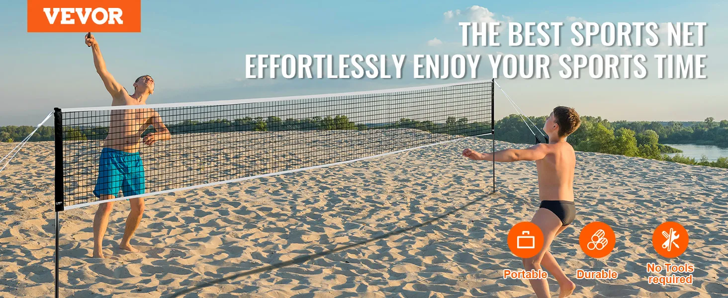 kids playing on a beach with the VEVOR badminton net set. showing portability, durability, and ease of use.