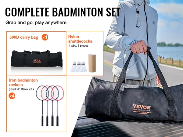 VEVOR badminton net set: carry bag, 4 rackets, 3 shuttlecocks, grab and go for outdoor play.