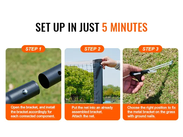 set up VEVOR badminton net set in 5 minutes with bracket installation, net attachment, and ground nail fixing.