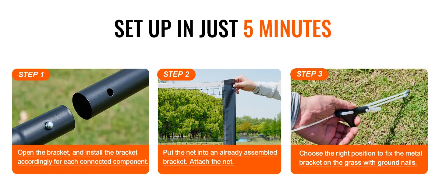 set up VEVOR badminton net set in 5 minutes with bracket installation, net attachment, and ground nail fixing.