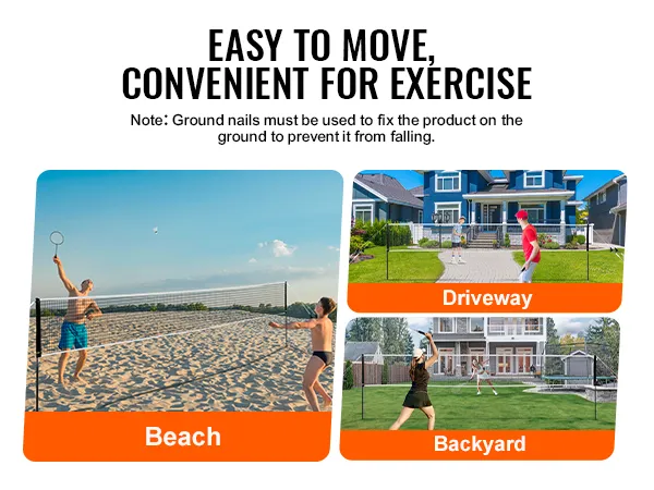 VEVOR badminton net set for playing on the beach, driveway, and backyard; easy to move and set up.