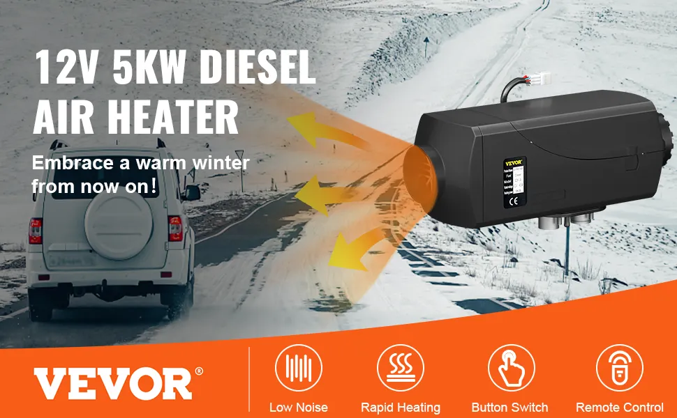 VEVOR 5kw diesel air heater on snowy road with icons for low noise, rapid heating, button switch.