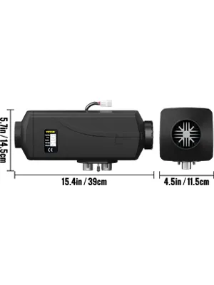 VEVOR 5kw diesel air heater dimensions: 15.4 in/39 cm length, 5.7 in/14.5 cm height.