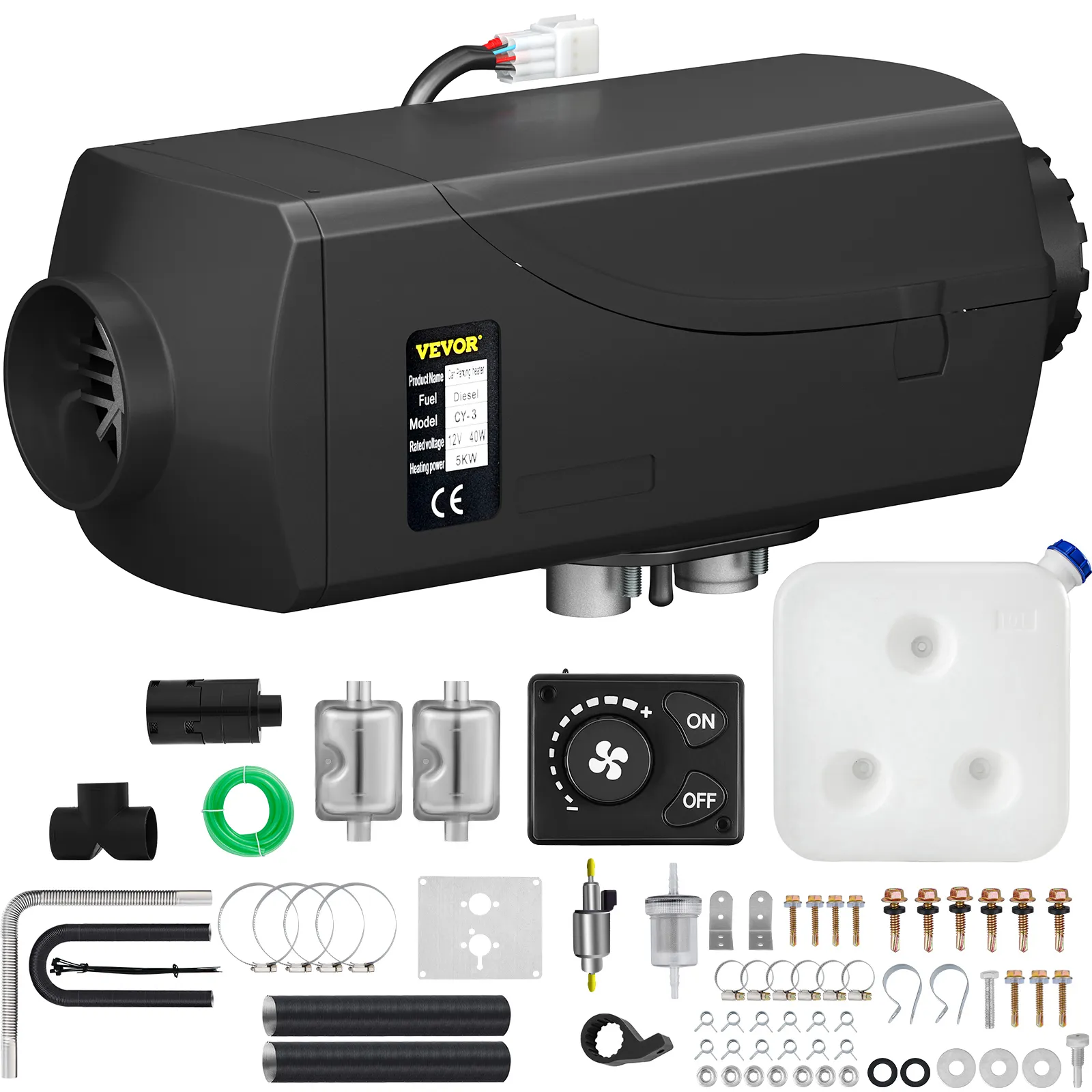 VEVOR 5kw diesel air heater with controller, fuel tank, and installation parts.