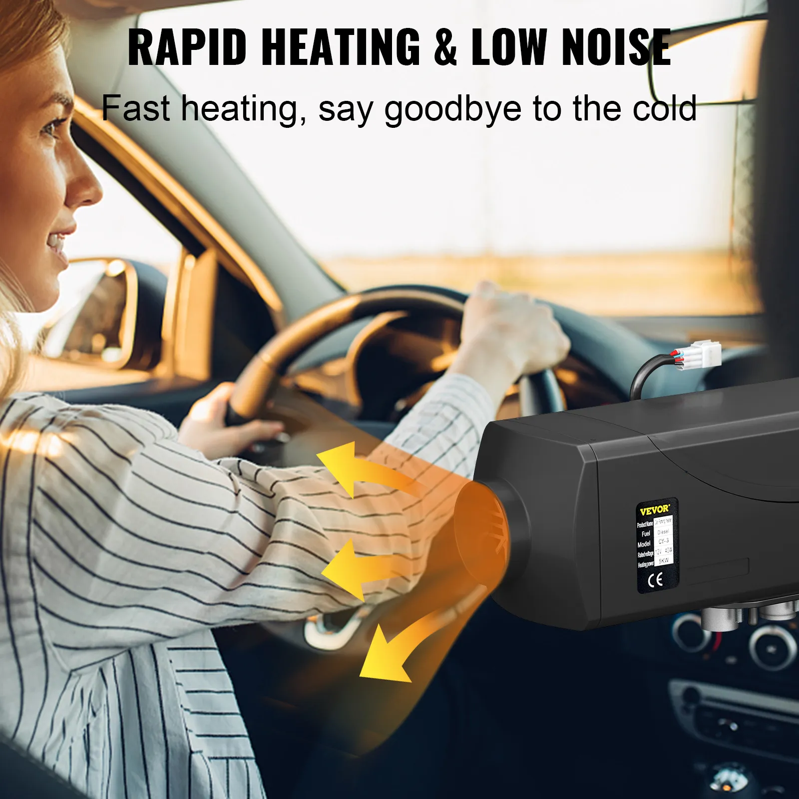 VEVOR 5kw diesel air heater providing rapid heating and low noise in a car interior.