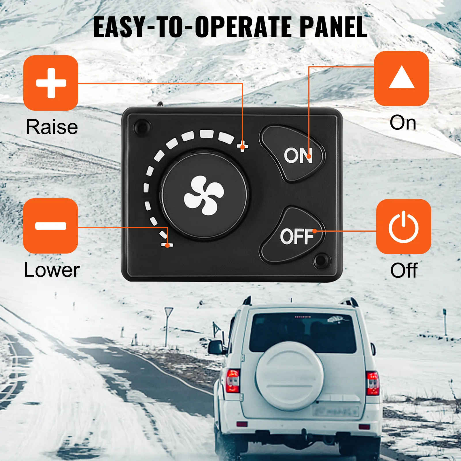 VEVOR 5kw diesel air heater control panel with raise, lower, on, and off buttons.