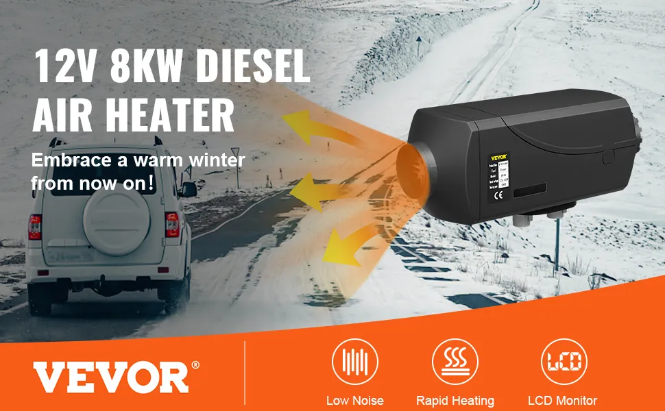 Riscaldatore d'aria diesel VEVOR a bassa rumorosità, riscaldamento rapido e monitor LCD per il calore invernale.