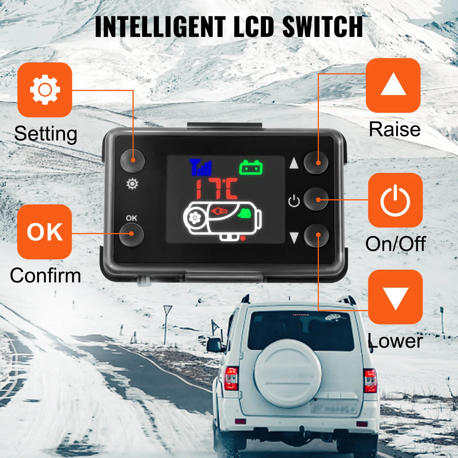 Interruttore LCD che controlla il riscaldatore d'aria diesel VEVOR con pulsanti etichettati per impostazioni, sollevamento, abbassamento e accensione/spegnimento, con montagne innevate e un veicolo bianco sullo sfondo.