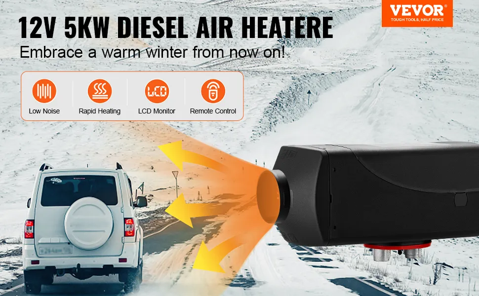 VEVOR 5-kW-Dieselheizung für schnelles Aufheizen, geräuscharm, LCD-Monitor, Fernbedienung.
