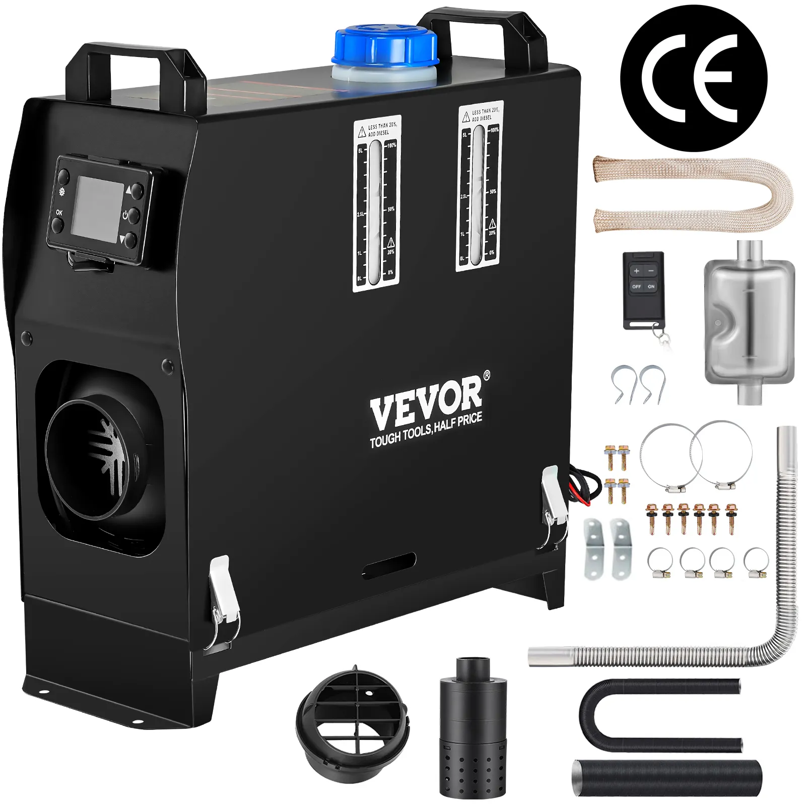 VEVOR dieselluchtverwarmer met accessoires, waaronder afstandsbediening, bedrading en klemmen.
