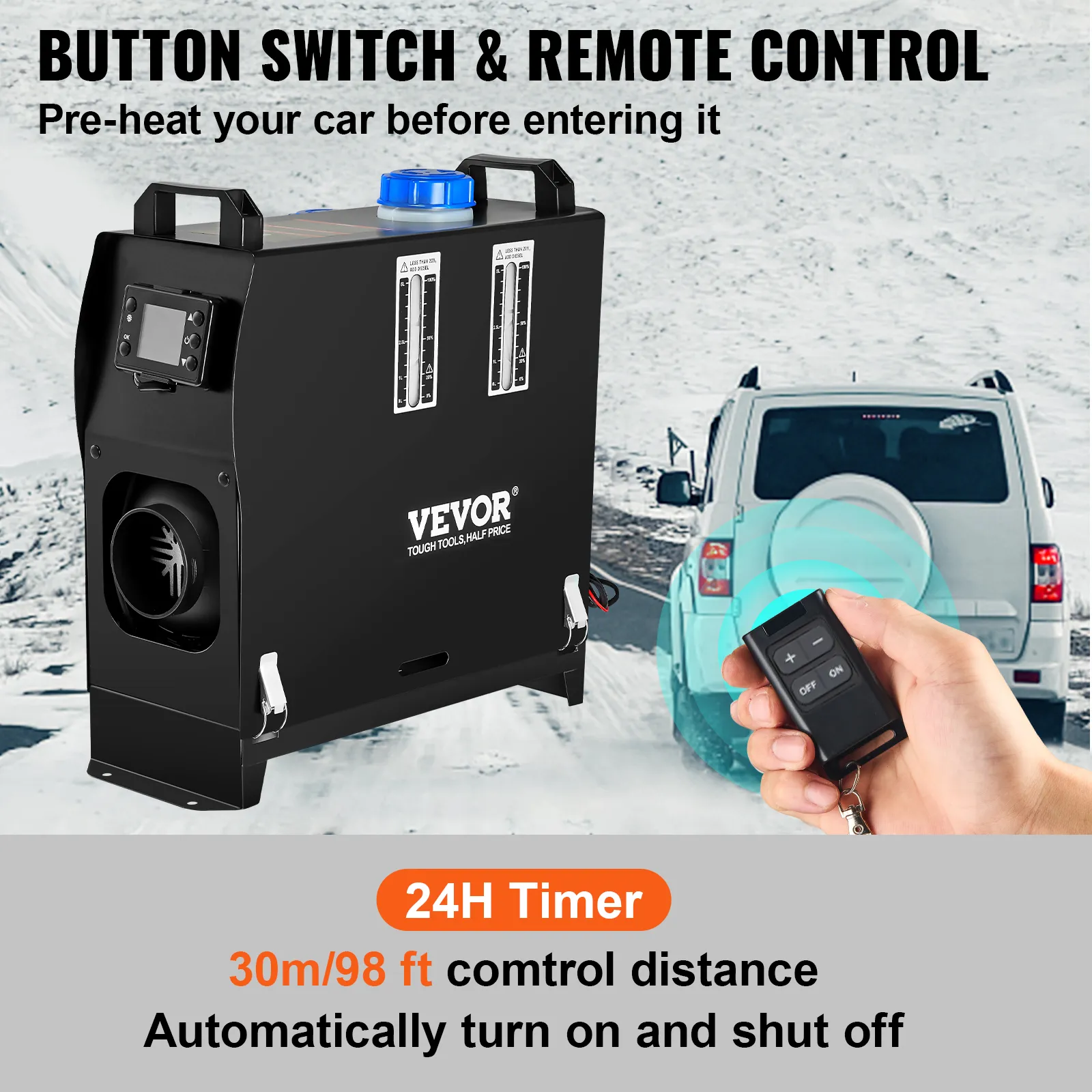 VEVOR dieselluchtverwarmer met drukknop en afstandsbediening in besneeuwd landschap.