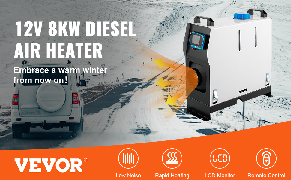 Повітряний обігрівач VEVOR з дизельним двигуном, 12 В, 8 кВт, що забезпечує швидке нагрівання, безшумну роботу та оснащений РК-дисплеєм.