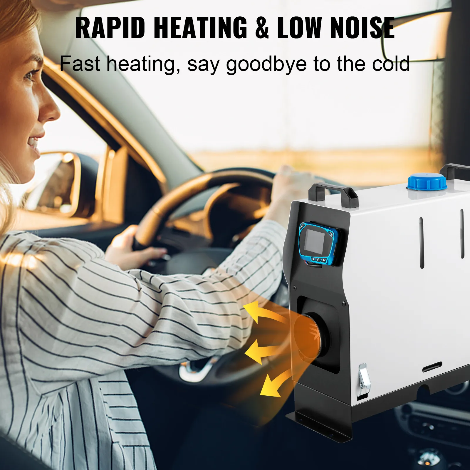 VEVOR diesel air heater providing rapid heating and low noise in a car interior.